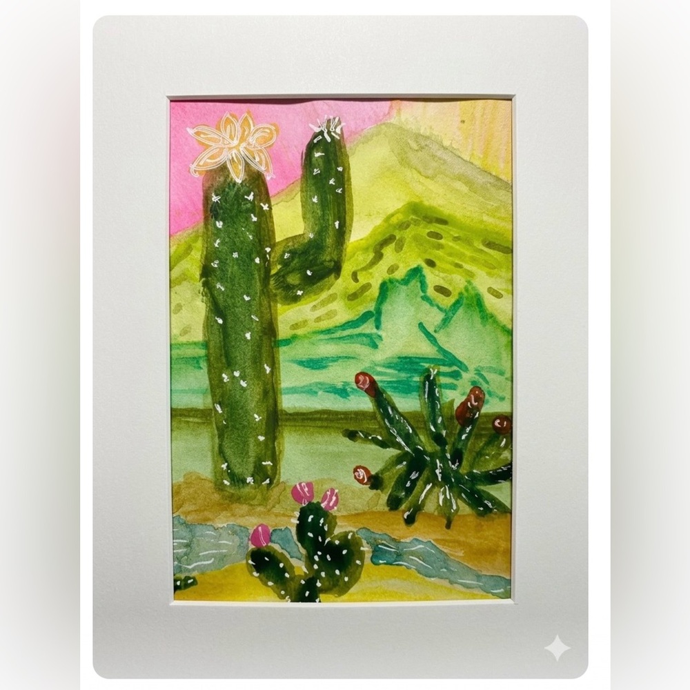 One of a kind Framed Cactus Watercolor Art Print - Green and Pink Desert Scene